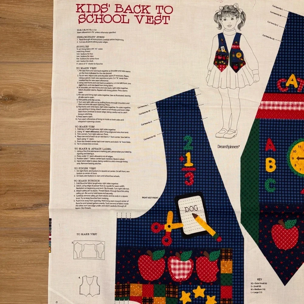 Vintage DreamSpinners Kids' Back to School Vest Cut and Sew Fabric Panel